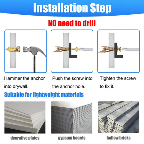 Installation steps for 336 Piece Toggle Bolts Heavy Duty Drywall Anchors And Screws Assortment Kit showing hammer and screws.