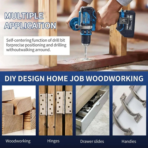 Person using drill with 3 Piece Self Centering Hinge Tapper Core Drill Bit Set For Woodworking With No 6 No 8 No 10 Bits, One Quarter Inch Hex Shank HSS Drill Bits For Opening Holes In Hinge And Lock Applications, Quick Change Compatible, Ideal For Cabinet Doors on a wooden frame