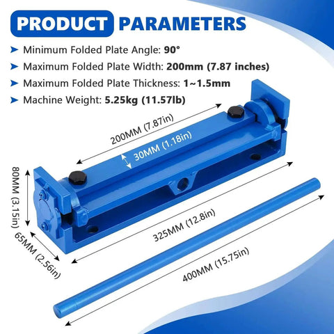 Product parameters for 7.87 Inch Steel Bending Brake Manual Sheet Metal Bender with dimensions and weight details.