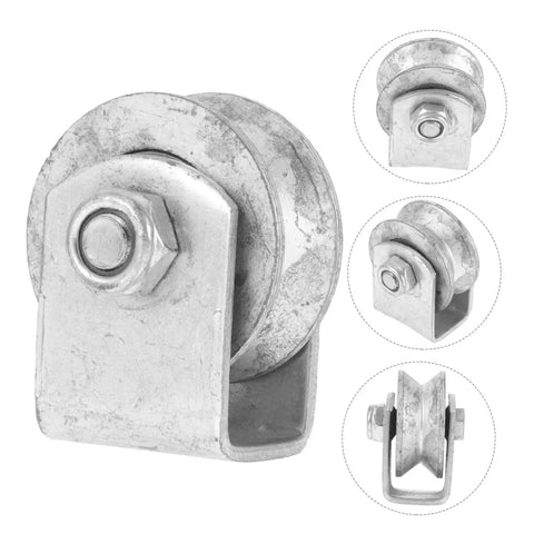 Heavy Duty Cast Iron V Groove Wheel for garage doors and sliding gates with swivel caster bracket and cable pulley, side views