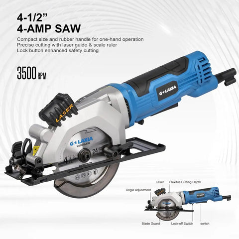 Mini Circular Saw Corded 4 Amp 3500 RPM With Laser Guide And Rip Guide, two TCT blades, compact design, G LAXIA branding
