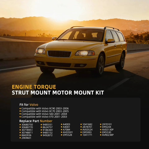 Yellow Volvo car on highway at sunset with text detailing engine torque strut mount kits compatible with various Volvo models.
