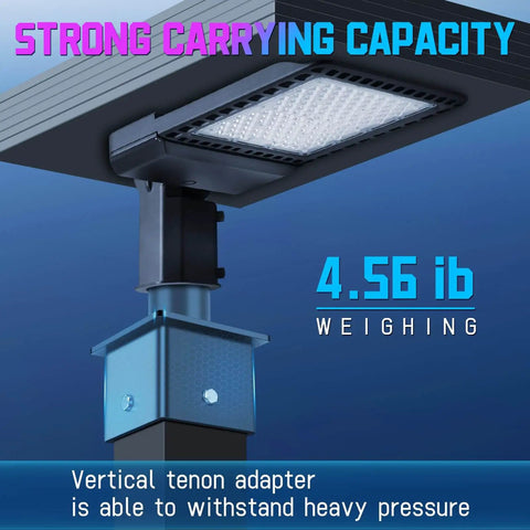 Heavy Duty 2-3/8 Inch Vertical Tenon Pole Adapter For 5 Inch Square Light Poles supporting an outdoor light fixture