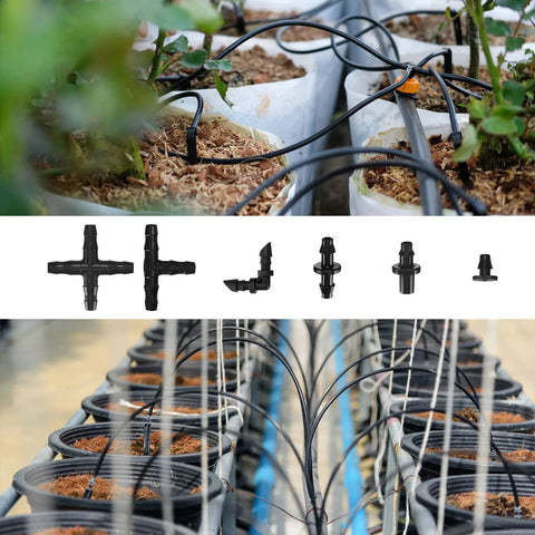 Amazon 300-piece drip irrigation fittings kit with black 1/4 inch barbed connectors (tees, elbows, end plugs, 4-way)