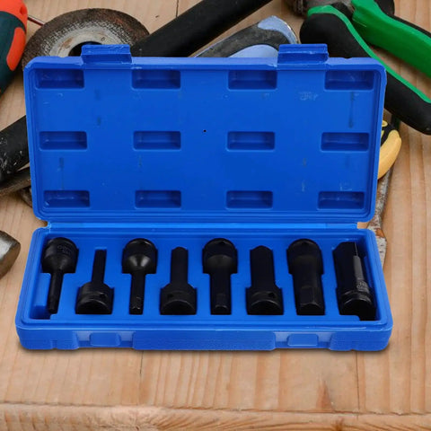 8-piece TOPPERFUN impact wrench sleeve set in a blue case with black 1/2-inch drive hex sockets and adapters
