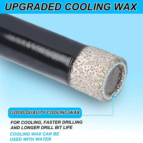 Close-up of 5 Piece Diamond Drill Bit Set with brazed diamond tip and upgraded cooling wax for tile, ceramic, glass, granite, marble.