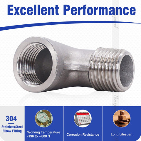 Horiznext stainless steel NPT 1/2 elbow fitting, 90-degree, male and female threads