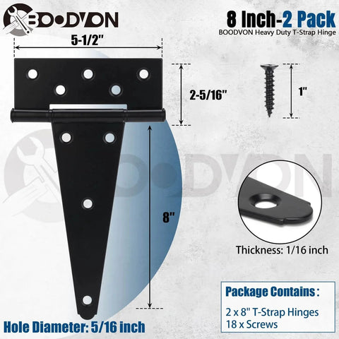 8 Inch T Strap Gate Hinges Heavy Duty Black Powder Coated Iron Set Of 2 with screws, diagram showing hinge dimensions and thickness