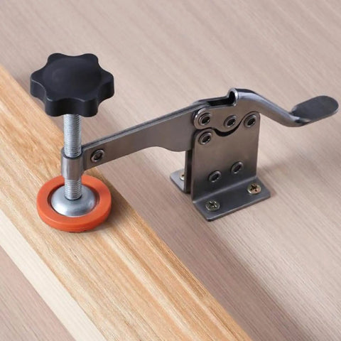 4 Pack Stainless Steel Toggle Clamp Set With Anti Slip Rubber Tips shown installed on wooden surface.