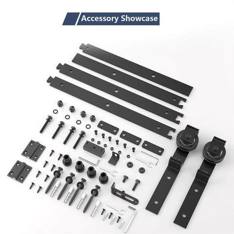 60 Inch Bifold Barn Door Hardware Kit for Two Doors, Black Finish, components and assembly parts displayed
