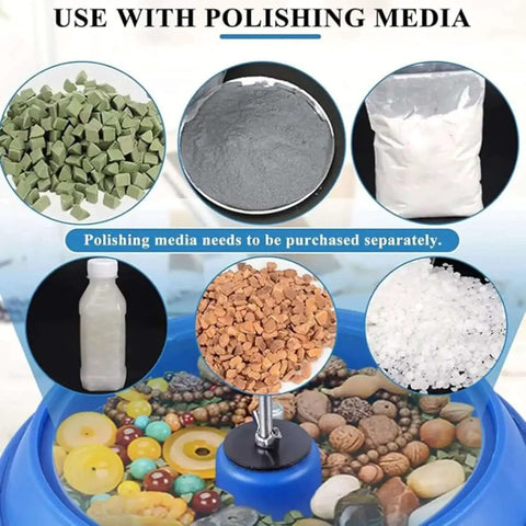 Jewelry Tumbler Polisher Workhorse for metal parts shown with various polishing media options for optimal jewelry finishing