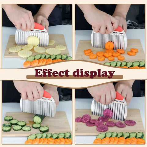 Large Potato Crinkle Cutter for Potatoes and Veggies Stainless Steel Waffle Fry Slicer in use on veggies