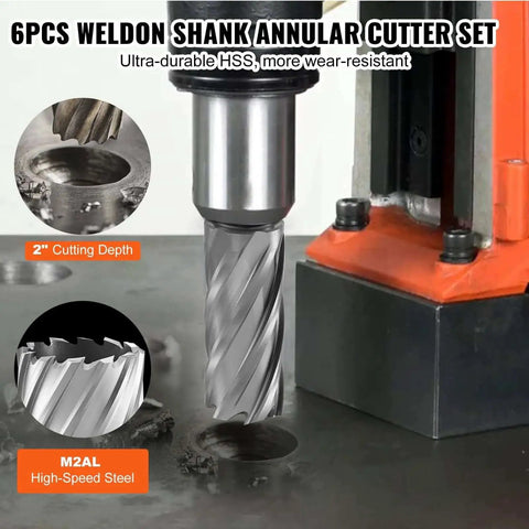 Annular Cutter Set For Magnetic Drills, 6 Pc Weldon Shank Bits, 2 In Cutting Depth, M2AL High Speed Steel shown in use