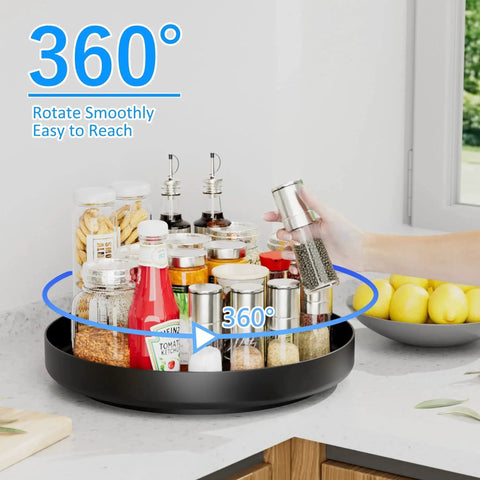 13 Inch Heavy Duty Metal Lazy Susan Turntable Organizer For Cabinet Pantry Kitchen Countertop And Bathroom 360 Degree Rotating Spice Rack Storage Anti Rust Waterproof Coated Black Ovicar with spices and condiments