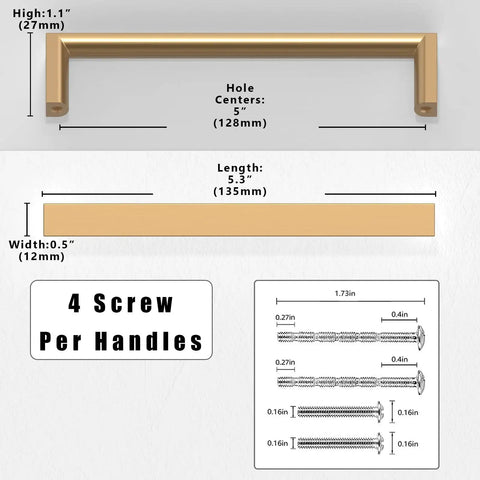 Dimensions and components of Champagne Bronze Cabinet Pulls 5 Inch 128mm Solid Zinc Alloy Handles for Kitchen Cabinets, 10 Pack
