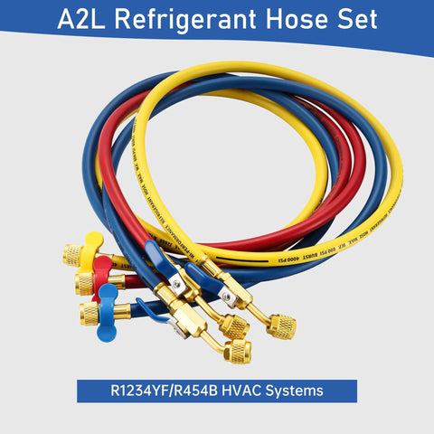 Three-pack A2L refrigerant hose set with ball valves, 60 in hoses (red, blue, yellow) with 1/4 in left-handed R454B adapter
