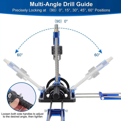All Metal Adjustable Drill Guide With Multi Angle Capability From Zero To Sixty Degrees For Straight Holes, Drill Press Adapter For Hand Drills, Includes One Half Inch Chuck, Key, Guide Rod, Precision Drilling Jig In Durable Blue, showing multi-angle positions.