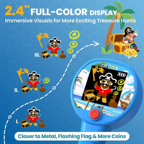 Color LCD Screen Kids Metal Detector With LED Lit Coil showing pirate-themed icons on the display for treasure hunting.