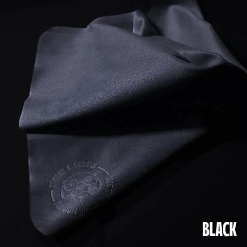 Black See Lion Swipes Microfiber Lens Cloth from 2 Pack UltraSoft Reusable For Glasses, folded with logo detail.