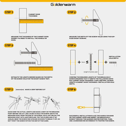 Installation guide for matte black cabinet pulls detailing steps for measuring door thickness, screw length, and proper handle installation.