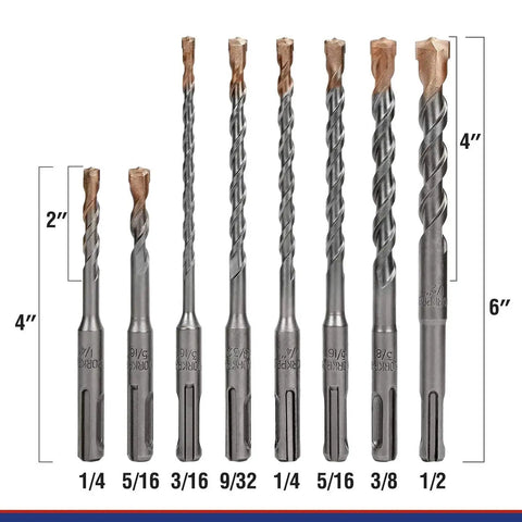 8-Piece SDS Plus Drill Bit Set With Carbide Tips For Concrete Brick Stone And Cement Includes 1/4 x 4 Inch, 5/16 x 4 Inch, 3/16 x 6 Inch, 9/32 x 6 Inch, 1/4 x 6 Inch, 5/16 x 6 Inch, 3/8 x 6 Inch, 1/2 x 6 Inch Bits With Beefy Storage Case Luxembourg