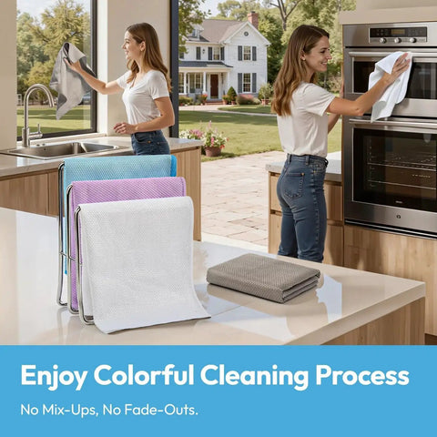 Women using Diamond Pattern Microfiber Cloths 12x12 Streak Free Glass Windows Mirrors 6 Pack in a kitchen setting