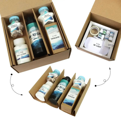 Coastal Sea Resin Art Kit For Teens And Adults With UV Light All-Inclusive Beginner Friendly DIY Beach Craft Gift Set Opened Boxes