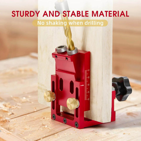 Pocket Hole Jig Kit For 2x2 And 2x4 Lumber With Drill Bit And Plugs shown in use on wooden board, red adjustable tool.