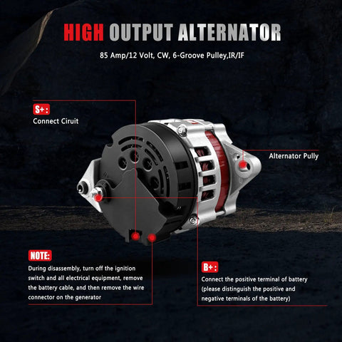 1.6L Alternator Replacement Plug And Play Budget Friendly Fits Chevrolet Aveo 2004 2008 Aveo5 2006 2008 Pontiac Wave 2004 2008 Suzuki Swift Plus 2004 2007 Replaces 8483 ADR0337 40012215 1297701DR, showing a 12V, 85A alternator with connection points labeled.