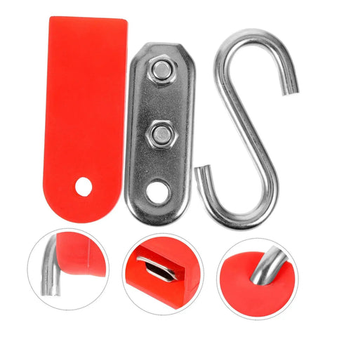 Close-up of Smart Pool Float Hanger Hook And Floating Line Clamp showing red hook, metal clamp, and S-hook components.