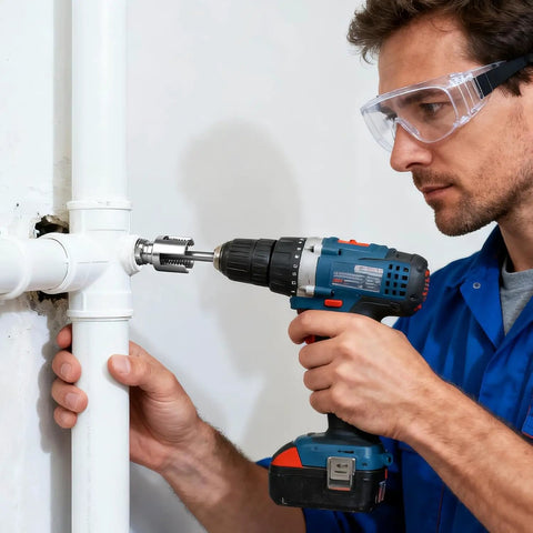 Electric Drill PVC Pipe Threader Kit For Half Inch And Three Quarter Inch Pipes With Dual Internal And External Threading Tool in use