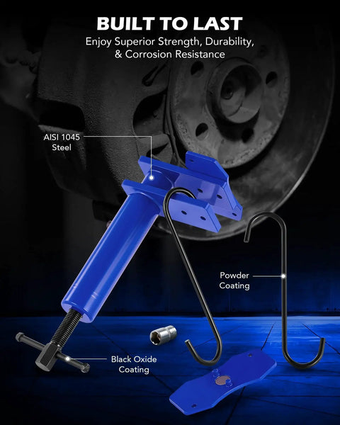 Front view of Orion Motor Tech brake caliper piston compressor tool, blue with magnetic expansion plates and hooks