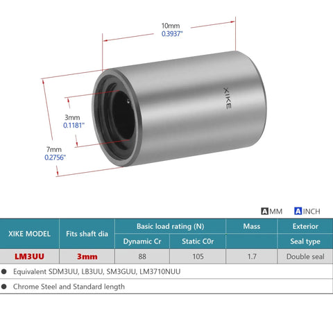 4 Piece LM3UU Linear Bearing Set 3x7x10mm for DIY Projects, showing dimensions, chrome steel material, low noise design from XIKE
