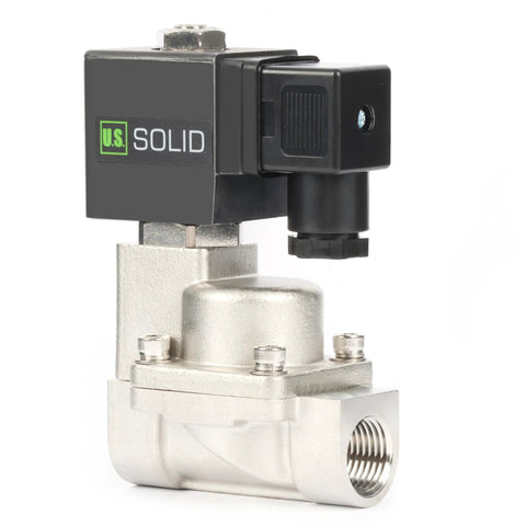 Front view of U.S. Solid 1/2 in high-temperature solenoid valve, stainless steel body, 12V DC NC, 4.5 Cv.