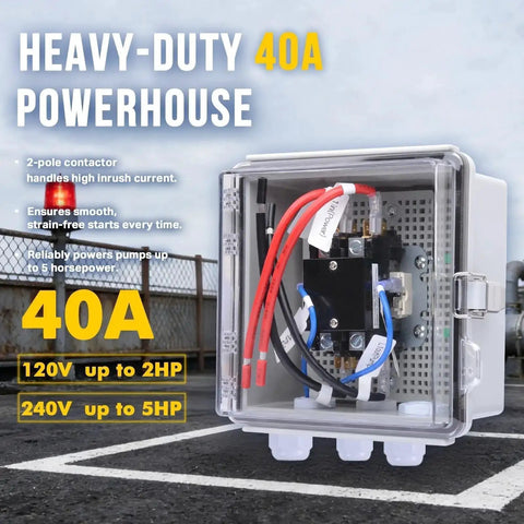 24V AC 40A Pump Start Relay With IP65 Waterproof Enclosure For Sprinkler Controllers And Irrigation Pumps, front view