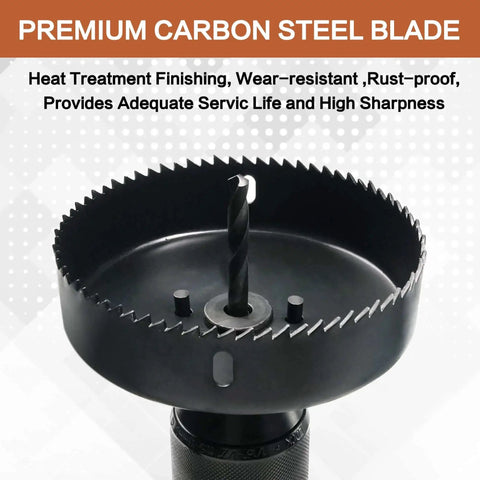 Close-up of carbon steel blade from All-in-One Hole Saw Kit 19 Pcs By Axelord With 3/4 To 5 Inch Blades and drill bit.