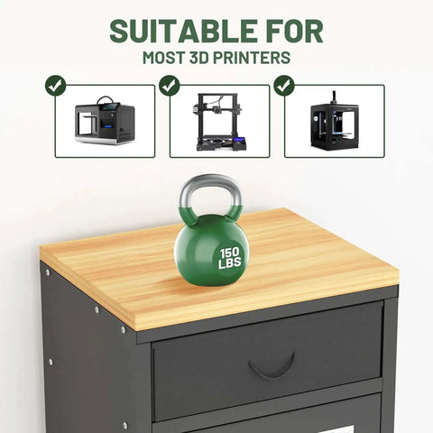 180L 3D Printer Filament Storage Cabinet With Built In Dehumidifier supports 150 lbs, shown with 3D printers and green weight on top
