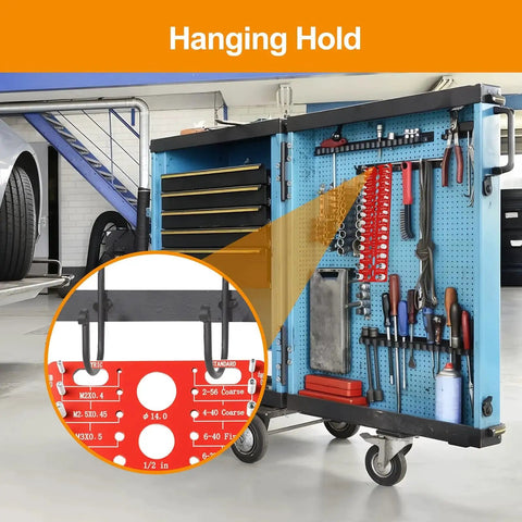 Nut And Bolt Thread Checker For Quick Sizing With 19 SAE Standard And 17 Metric Thread Sizes Plus 19 Drill Bit Gauges hanging on a tool cart