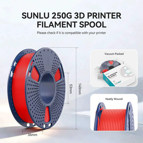 Sunlu 250g 3D printer filament spool, vacuum packed, neatly wound, shown with dimensions and label details.