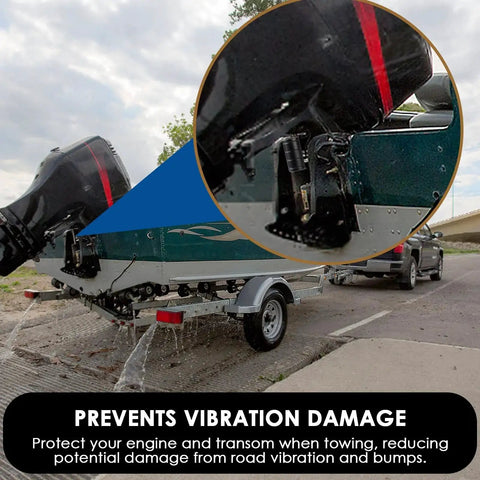 Transom saver for single outboard motor; side view of boat on trailer with mounted motor, inset close-up of ram wedge