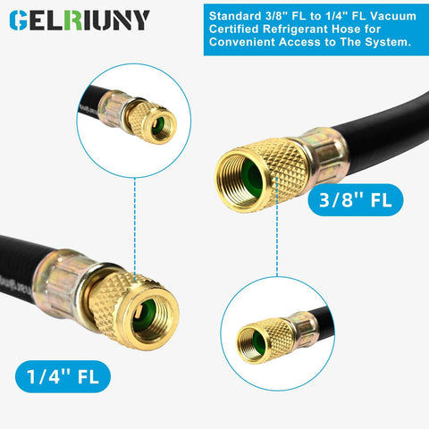 GELRIUNY HV1S vacuum charging hose, 3/8 to 1/4 in flare fittings, 5 ft, brass ends