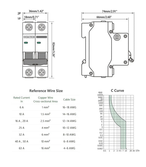 Technical diagram of 32 Amp AC Miniature Circuit Breaker, 2 Pole DIN Rail Mount with dimensions, wire size chart, and C curve graph.