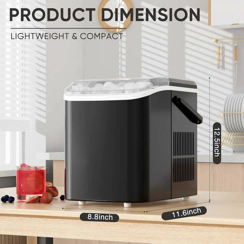 Countertop Ice Maker With Handle 26 Lb 24H Portable 9 Bullet Ice Cubes, compact size on kitchen counter