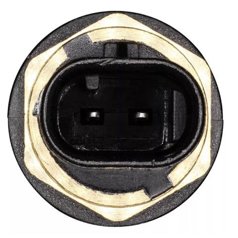 Engine coolant temperature sensor with a two-pin connector, brass mounting ring, and black plastic housing.