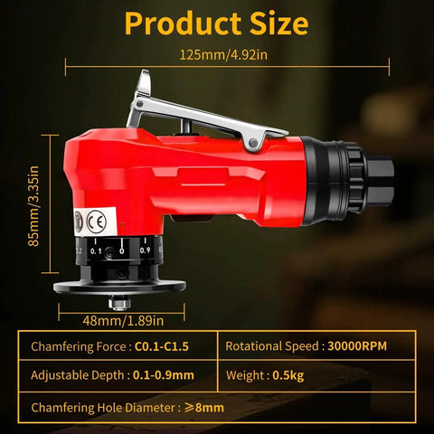 2 In 1 Pneumatic Chamfer Tool For Deburring And Beveling, Mini Air Bevel Machine, side view with size details and specifications