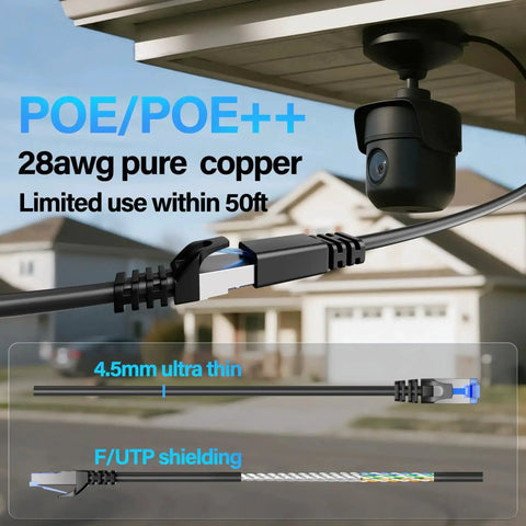 Shielded Cat6A Ethernet Cable 10Gbps 50 Ft Slim F/UTP Bare Copper 28AWG for outdoor security camera installation