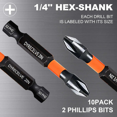 Ten Pack PH2 Magnetic Phillips Bits For Impact Drivers Two Inch Long With One Fourth Inch Hex Shank Premium S2 Steel