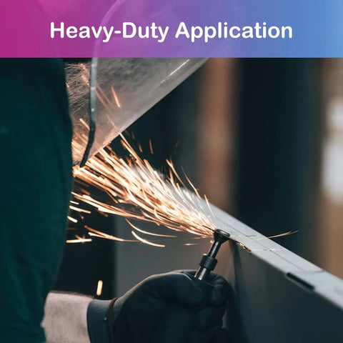 Person using Three Pack Die Grinder Mandrel Holder For Cut Off Wheels With Three Eighths Inch Arbor Holes And One Quarter Inch Arbor Holes Plus One Quarter Inch Shaft Stem For Rotary Tools Drill Accessories generating sparks on metal