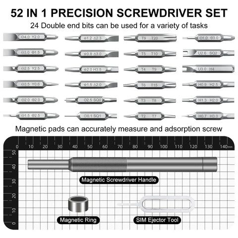 52-In-1 Precision Screwdriver Set With Magnetic Mini Repair Tool Kit layout, showcasing bits, magnetic handle, and ejector tool