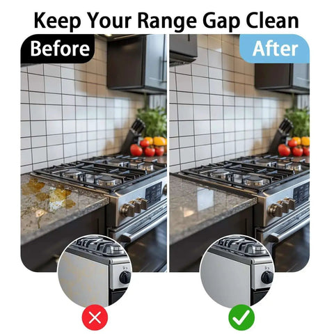 Before and after using Stove Gap Cover 2 Pack Black Adjustable Stainless Steel Gap Filler, kitchen counter spill proof look